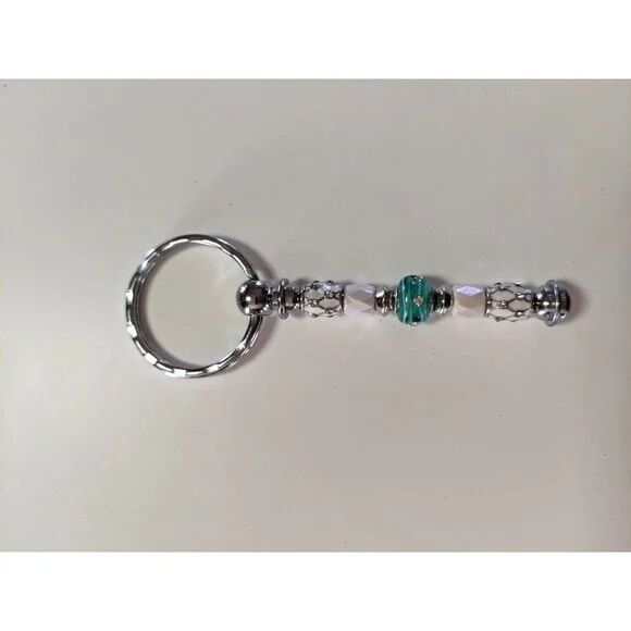 Beaded Keychain, Bag Charm, Accessory - Green, White, Bling, Handmade - Picture 2 of 3